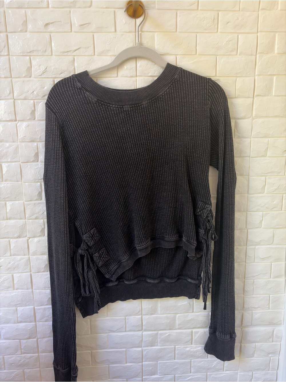 FP One Charcoal Waffle Knit Side Tie Pullover